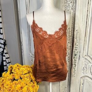 Button+Brim Lace Trim Satin Spaghetti Strap Cami Top  Rust Brown
